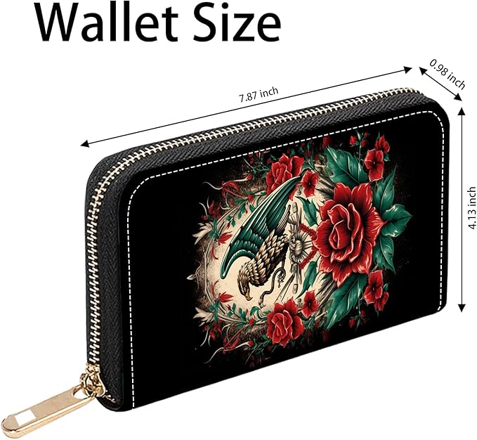 Mexican Flag Mayan Aztec Totem Print Women Large Capacity PU Leather Zip Around Wallet, Multifunctional Clutch Purse for Cash/Card/Coin/Smart Phone