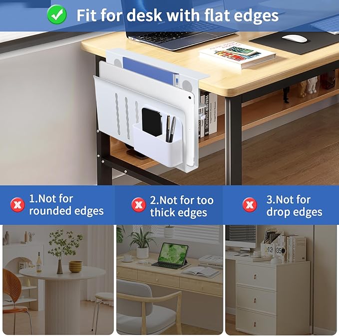LUKETURE Laptop Holder, Steel Desk Side Storage, No Drill Standing Desk Accessories, Laptop Mount with Pen Holder, Back to School Supplies, Fits Flat Edge Tables 0.3" to 2.8" (White, M(1 Tier))