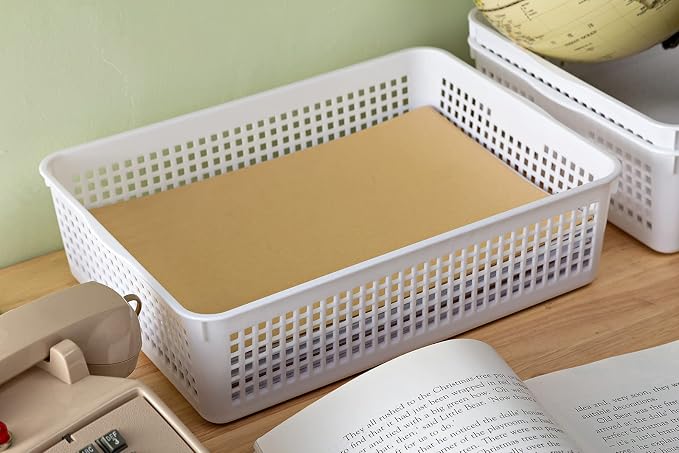 Eslite A4 Size Plastic Storage Basket,Desktop File Paper Letter Organizer Tray, 6-Packs (White+Grey)