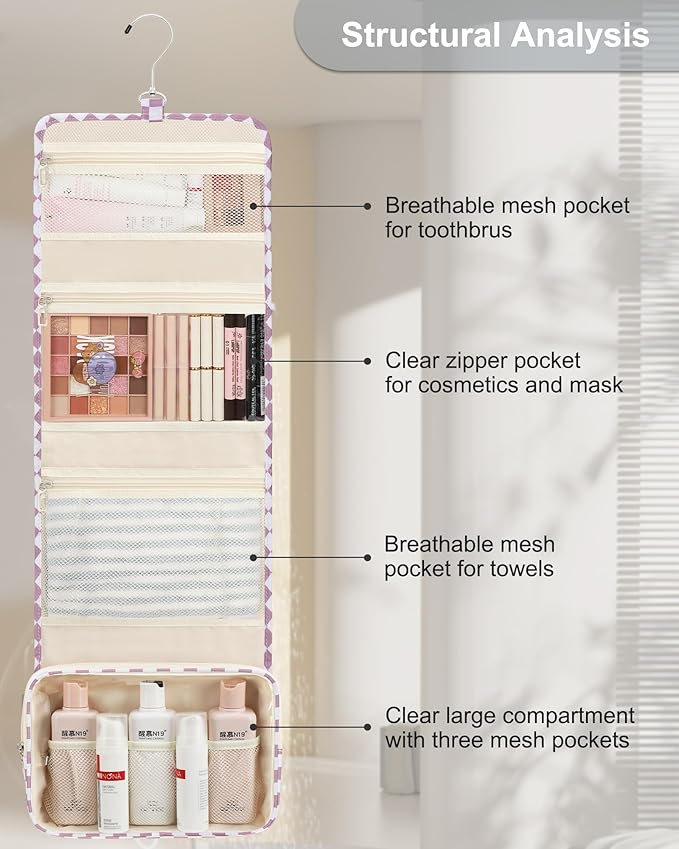 Relavel Hanging Toiletry Bag, Travel Toiletries Bag with Hanging Hook, Water Resistant Makeup Cosmetic Organizer for Full Sized Container, Shampoo, Portable Wash Bag for Essentials - Purple