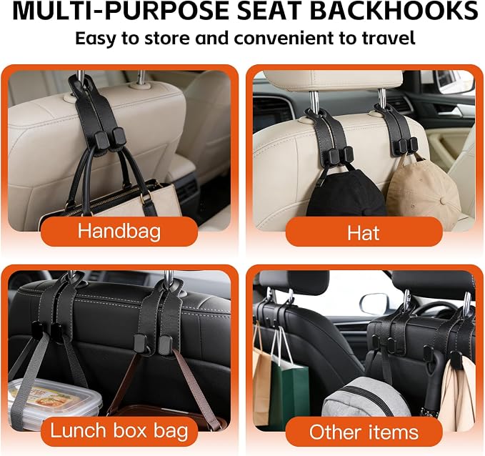 Car Seat Headrest Hooks for Purses and Bags, 4-Pack Heavy Duty Car Seat Hooks with Anti-Slip Pad, Universal Car Backseat Organizer Hanger Accessories for Grocery Bags (Black)