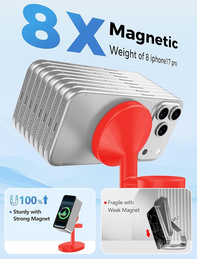 Hevanto 2026 3 in 1 Wireless Charging Station for Apple MagSafe Charger, 15W Fast Magnetic Mag-Safe Charger Stand for iPhone 17 16 15 14 13 12 Apple Watch AirPods Compatible with MagSafe, DeepRed