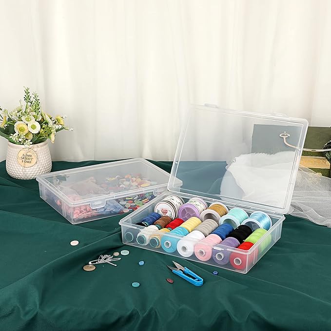 BTSKY Clear Plastic Storage Box with Flap Lid, Multipurpose Craft Organizers and Storage Box Art Supply Storage Organizer Plastic Sewing Box for Beads Pencils Notebooks, 2 Pack Medium
