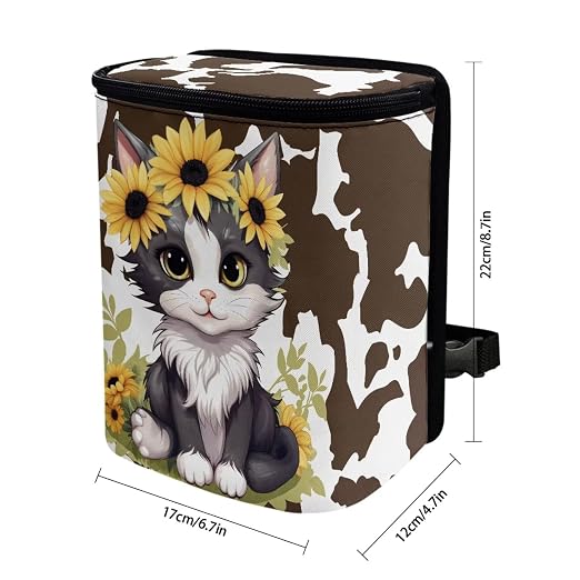 Car Trash Can Cars Waste Basket with Lid Storage Pockets for Disposable Garbage Bag Multipurpose Collapsible Car Organizer, Cat Sunflower Cow Print