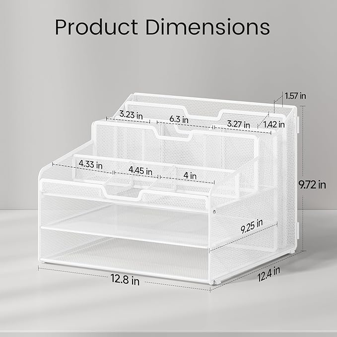 Lavatino Desk Paper File Organizer - Metal Mesh with 2 Letter Trays, 7 Flexible Dividers, 2 Vertical File Folder Holders for Office/Home/Classroom Supplies, Desk Organizers and Accessories, White