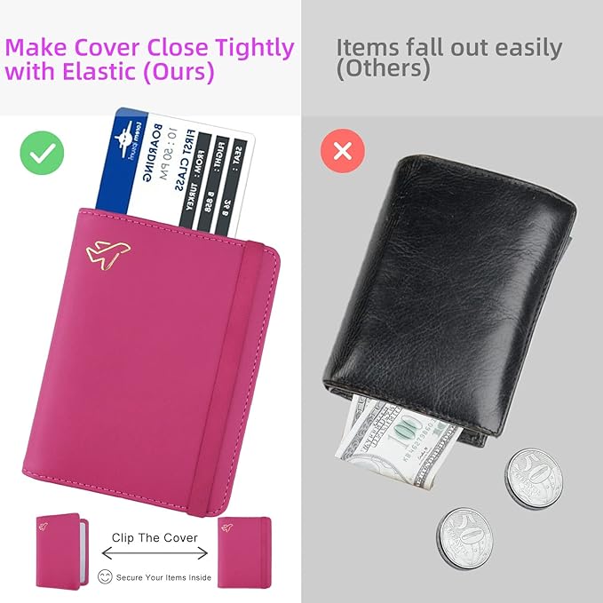 WALNEW AirTag Passport Holder, PU Leather Airtag Wallet RFID Blocking Passport Cover Travel Essentials Case for Women Men (Hot Pink)