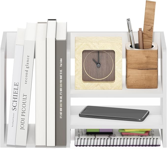 Furinno HERMITE Desk Organizers and Accessories with File Holder, Office Organization, Desk Top Book Shelf, for Office Supplies, Desk Accessories, White