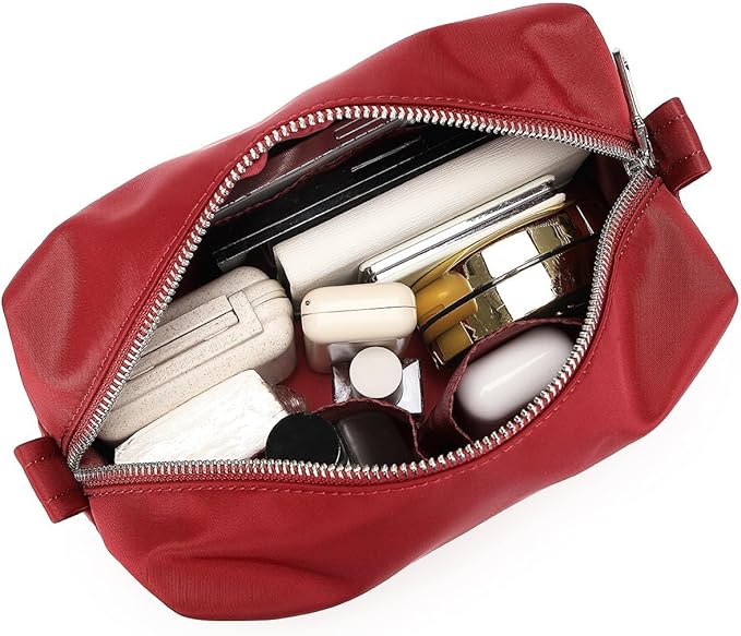 Organizer Bag Lightweight Cosmetic Bag with Ring Clasp Perfect Travel Makeup Bag for Women nylon Stand Up Design (Burgundy Red/Nylon)