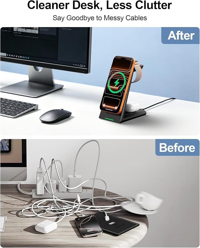 3 in 1 Magnetic Wireless Charging Station - 15W Fast Charging for iPhone 17/16/15/14/13/12, Compatible with MagSafe, for Apple Watch & AirPods, Auto-Dimming Light for Nightstand, Includes 30W Adapter