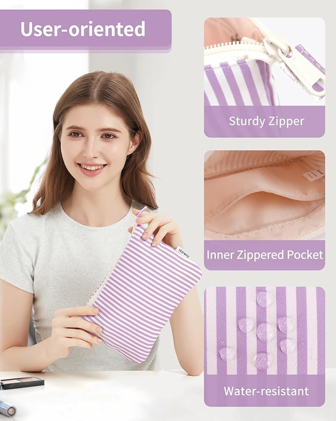 Narwey Small Striped Makeup Bag for Purse Travel Makeup Pouch Cosmetic Bag Zipper Pouch Bags for Women (Purple Stripe)
