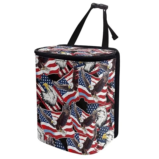 Talayituse American Flag Eagle Print Car Trash Can with Lid, 4th of July Leak Proof Auto Trash Bag Hanging Vehicle Garbage Can Multipurpose Storage Container for Back Seat Road Trip