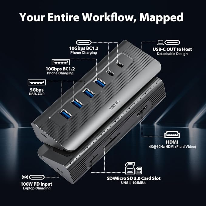 USB C Hub 10-in-1 Detachable Cable, USB 3.2 Gen2 10Gbps ??4K 60Hz HDMI, 100W PD, SD/Micro SD ??Docking Station for MacBook Pro/Air M1-M5, Windows Laptop, Mac mini, iPad Pro (Space Gray)
