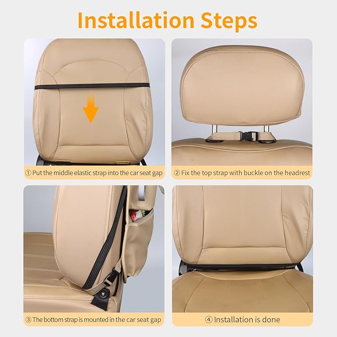 Viaviat Car Seat Organizers Waterproof Backseat Protector with Storage Pocket Large Leather Kick Mats for Kids Pets Automobile SUV Truck (Beige, Large Pocket)