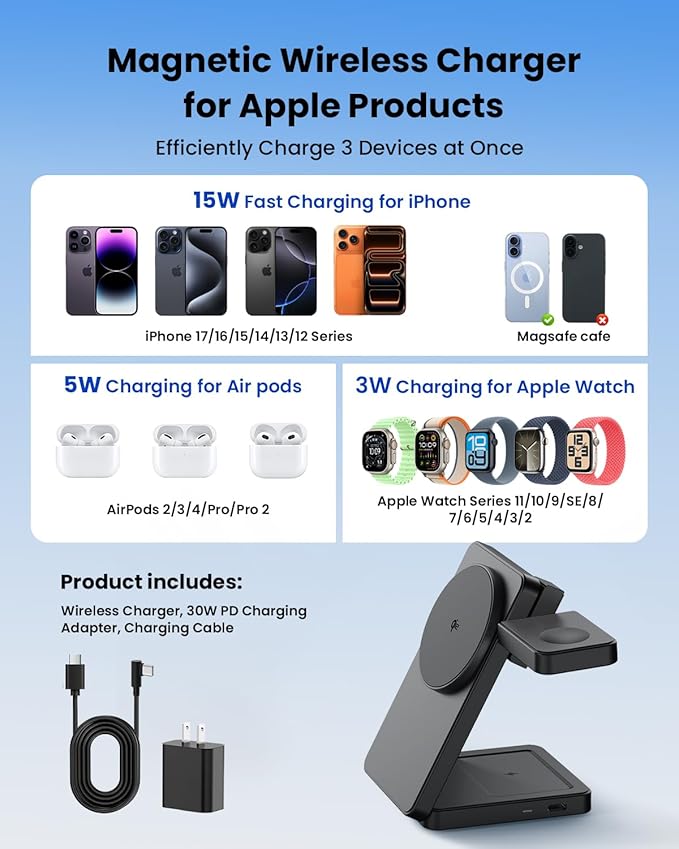 Magnetic Wireless Charging Station for Apple: Upgraded Qi2 Certified 15W 3-in-1 Magsafe Wireless Charger Stand, Foldable Travel Fast Charger for iPhone 17 16 15 14 13 12 Series, Apple Watch, AirPods