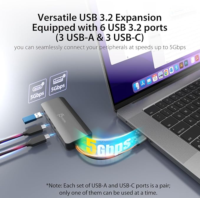 j5create USB-C Hub 4K@144Hz HDMI with 100W Fast Charge and Flexible Ports- Supports Extended 4K Display for Windows and MacBook, USB-A x 3, USB-C x 4, HDMI (JCD362)