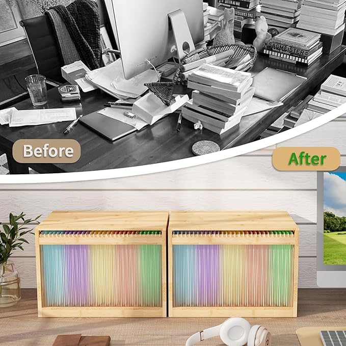 Bamboo Hanging File Boxes with Lids 2 Pack, File Organizer Box for Letter/Legal File, File Box with Hanging Folders Acrylic Light Easy Assembly File Storage Boxes for Office Home, Natural