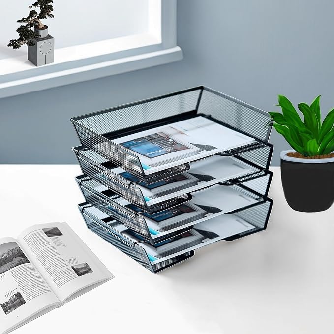 SETTFRFE 4 Tier Metal Letter Tray Desk Organizer-Stackable Paper Tray,Black | Desk Tray Organizer with Reinforced Edges,Stackable File Trays Organizers and Storage System for Office,School,Home
