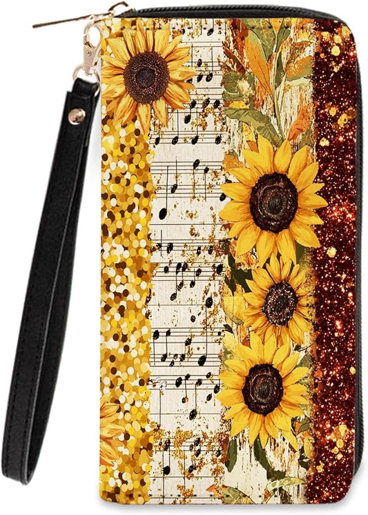 Golden Leopard Print Themed Wallet for Women - Sunflower Purse with Wristlet Strap & Card Slots, Coin Pocket Wallet, Phone Holder Clutch, Aesthetic Lovers Gift Choice, Gifts for Women, Friend