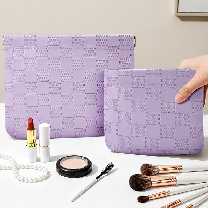 2 PCS Small Makeup Bag for Purse,Premium Small Makeup Pouch Purse,Mini Cosmetic Bag for Travel,Portable Travel Pouch with Quick Access Design,Neutral,elegant and stylish(Checkered Purple)