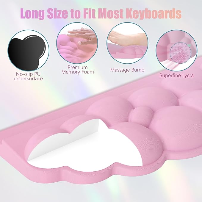 Wrist Rest with Keyboard Stand, Ergonomic Computer Wrist Support Pad, Cloud Keyboard Riser Holder with Wrist Pad, Memory Foam Desk Cushion, Palm Hand Typing for Office Home School-Pink