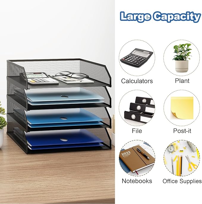Natwind 4-Tier Stackable Paper Tray, Metal Mesh Desktop Organizer, A4 Paper Sorter, Letter Trays,File Folder Sorter Organizer with Sliding Tray for Home, Office, School (Black)