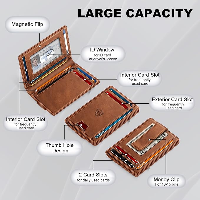 Wallet for Men 14-16 Cards, Men's Leather Wallet, Minimalist Thin Card Holder RFID Blocking Money Clip with Simplified Bill Folder & Magnetic Closure, Gifts for Men, Brown