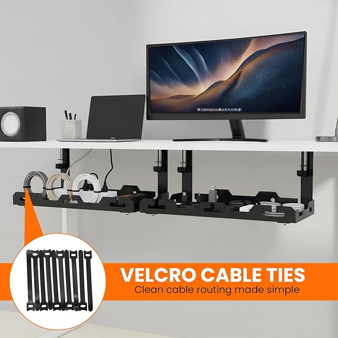 17'' Super Sturdy Cable Tray Under Desk Cord Organizer Standing Desk Cable Management System Large Power Strip Holder Cord Basket With Clamp for Wire Management Rack Office, Home, No Drill & Damage