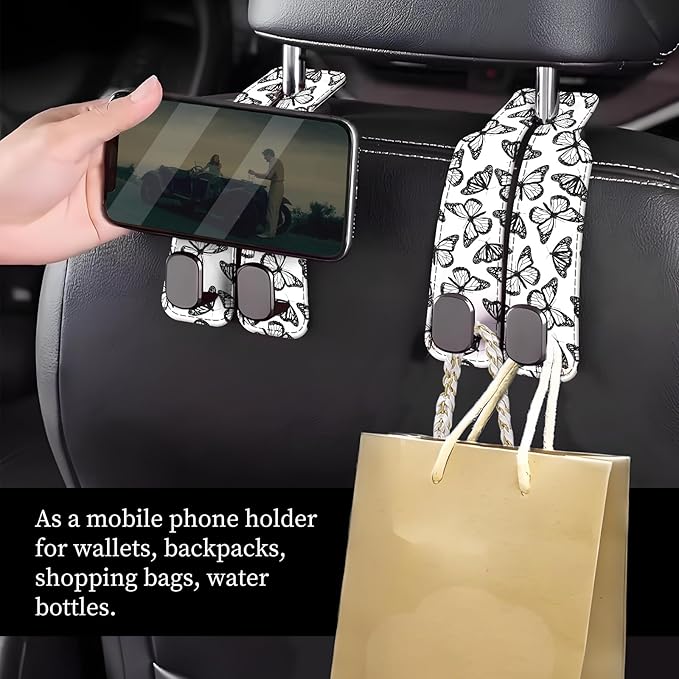 Car Seat Headrest Hook, Universal Leather Cute Hanger Holder Hook, Storage Organizer Interior Accessories for Purse Bags Handbag Black White Cute Butterfly