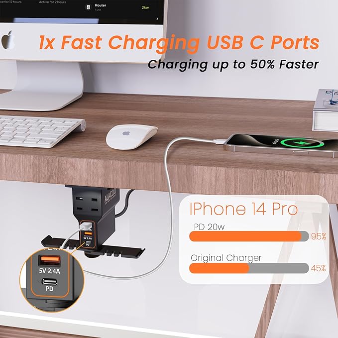 Gaming Headphone Stand with Charging Station - Aluminum Hooks Headphone Holder, Under Desk Headset Stand, 3 USB & AC Outlet, Surge Protector & Cable Organizer, Gift for Girl/Men