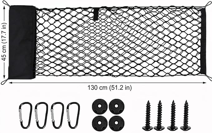130x45CM Trunk Cargo Net Large Heavy-Duty Automotive Storage Bag | Elastic Trunk Storage Mesh Organizer Foldable Automotive Cargo Net Mounting Screws Universal for SUV Truck Van Sedan