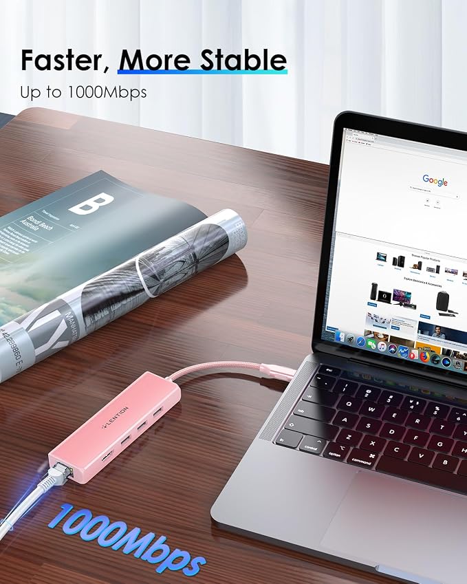 LENTION USB C Hub with Gigabit Ethernet Adapter, 4K HDMI, 3 USB 3.0 Port for MacBook Pro, New Mac Air, Surface, Chromebook, More, Stable Driver Certified (CB-C25, Rose Gold)