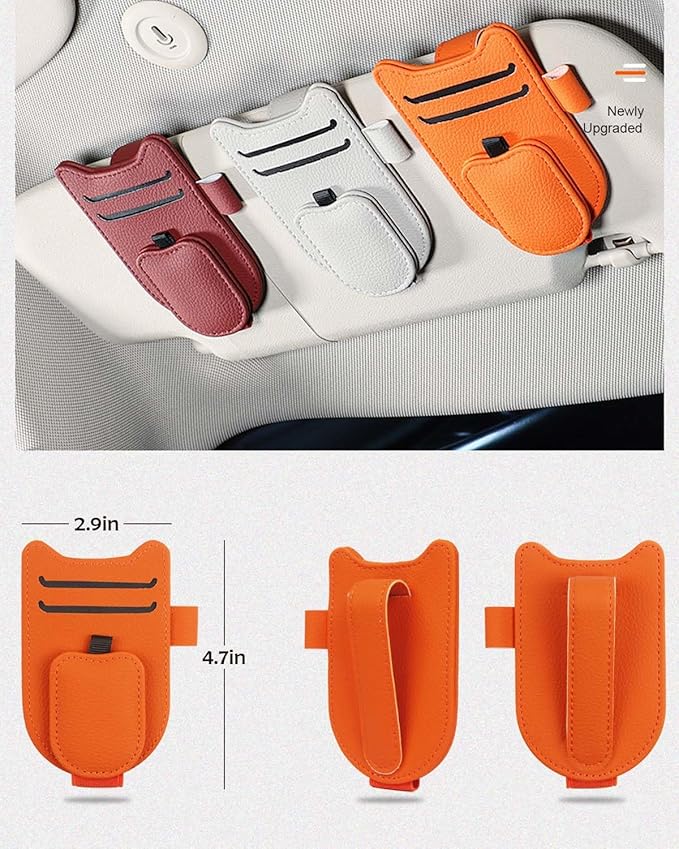 Sunglasses Holder for Car Visor, Magnetic Leather Glasses Eyeglass Clip, With Ticket and Pen Clip (Orange)