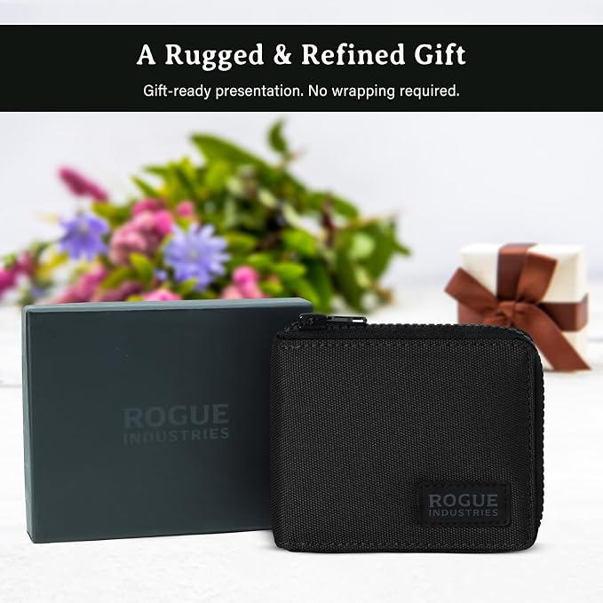 ROGUE WALLET Interior Genuine Leather Wallets for Men - RFID Blocking Robust Outer Nylon Wallets - Full Cash Slot and Expandable Coin Pouch - Gift for Men (Black)