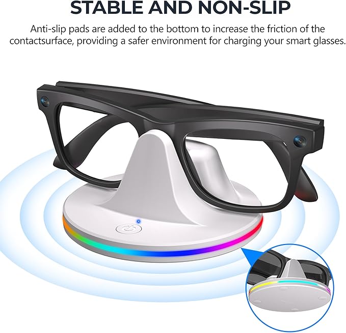 Charging Dock for Meta Ray-Ban Glasses, Charging Stand Compatible with Wayfarer, Skyler, Headliner & Oakley Meta HSTN, with USB-C Cable and 7-Color RGB, White