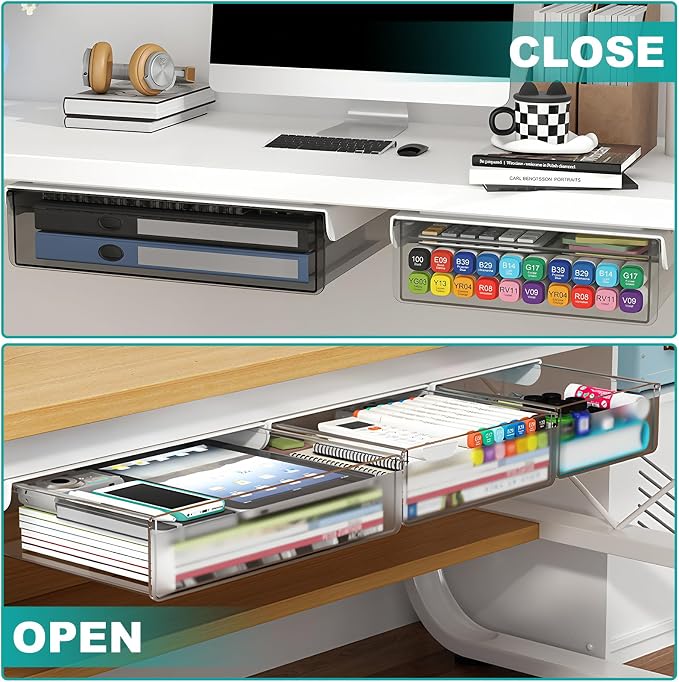 SVNNELP Under Desk Table Drawer Storage Organizer,3 Pack Small & Medium & Large Slide Out Desk Drawers - Hidden Desktop Organizer,Adhesive Storage Pencil Tray Under Table(Clear/LMS)