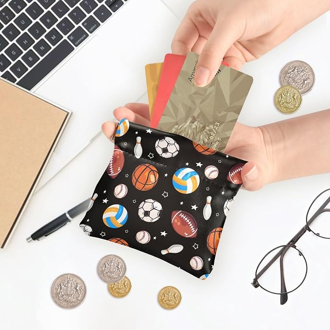 Balls Women's Waterproof PU Leather Coin Purse, Slim Travel Wallet with Zipper - Compact Card Holder & Jewelry Organizer for Cash, Keys, Lipstick