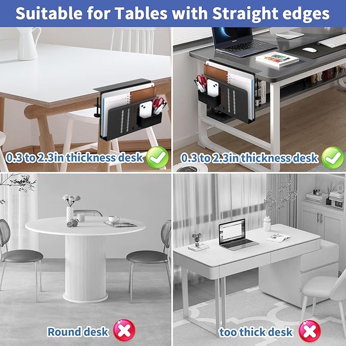 Desk Side Storage, Desk Laptop Holder with Magnetic Pen Holder, No Drill Desk Side Organizer for Office and Home Fits Flat Edge 0.3" to 2.3"