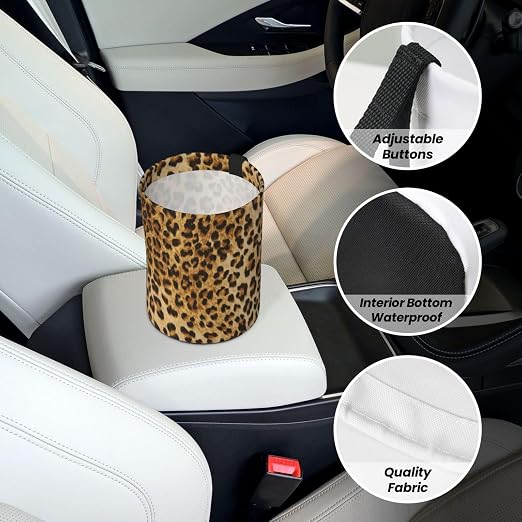 Car Garbage Bag Brown Leopard Mini Car Trash Bin Portable Collapsible Waterproof Rubbish Bag for Car Accessories Back Front Seat Cup Holder