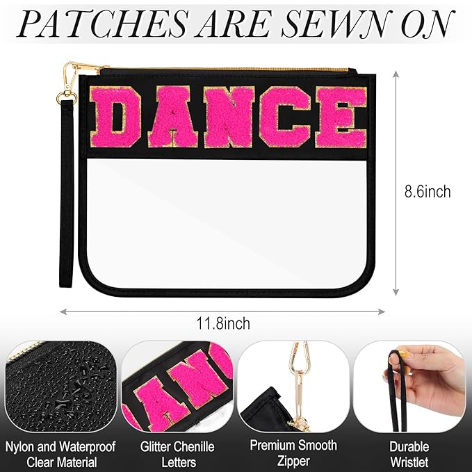 Abbylike 12 Pcs Snack Bags Chenille Letter Dance Zipper Pouch Waterproof PVC Large Travel Makeup Cosmetic Storage Organizer for Mom Team Cheerleaders Teacher (Black)