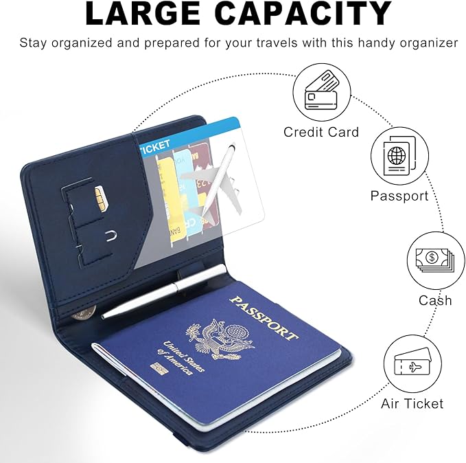 ACdream RFID BLOCKING Passport Holder Travel Wallet, Premium PU Leather Cover Passport Book with Card Holder, Pen Holder, Keep Organization, and Travel Essentials for Women and Men, Blue