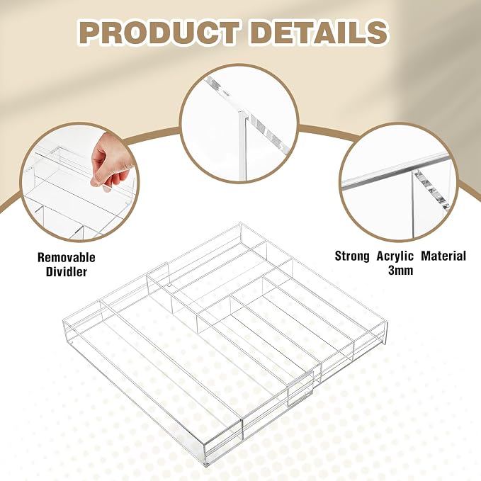 Briwooody 1 Pcs Acrylic Desk Drawer Organizer 9'' up to 18'' x 15'' x 2.1'' Expandable Drawer Organizer Trays with 7 Adjustable Compartments Clear Desk Accessories for Makeup Office Bathroom