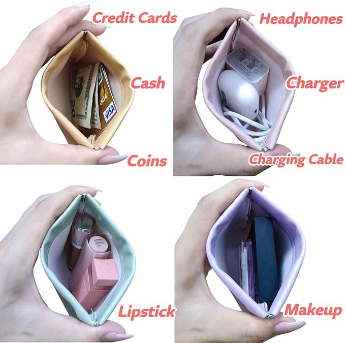 4 Pack 4.7"×4.7" Small Makeup Bag for Purse, Snap Closure Purse Pouches, Soft PU Leather Purse Organizer Pouches for Women, Mini Travel Pouch for Cosmetics Cash Coins Cards Lipstick Earphones