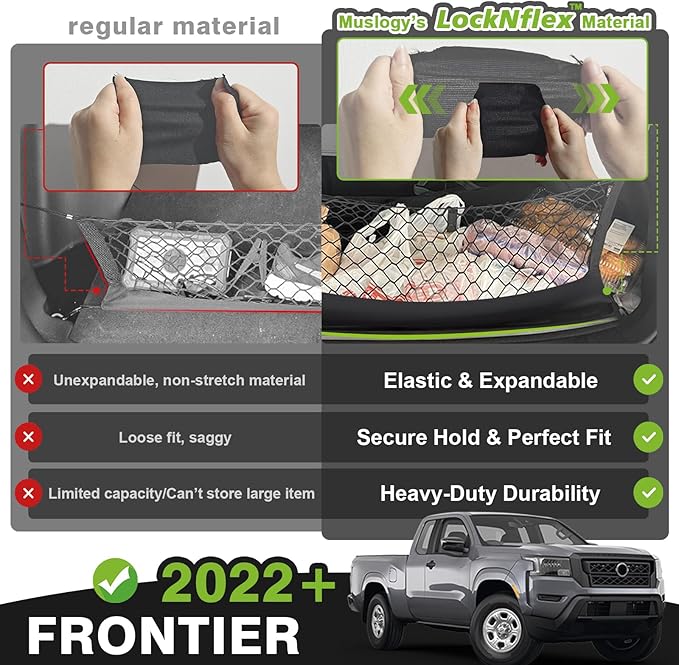 Muslogy Truck Bed Cargo Net Trunk Netting Compatible with Nissan Frontier 2022-2025 2026 (Extra Support Frame) Accessories, Pickup Cargo Organizer SUV Sedan Storage Net w/Heavy Duty Carabiners