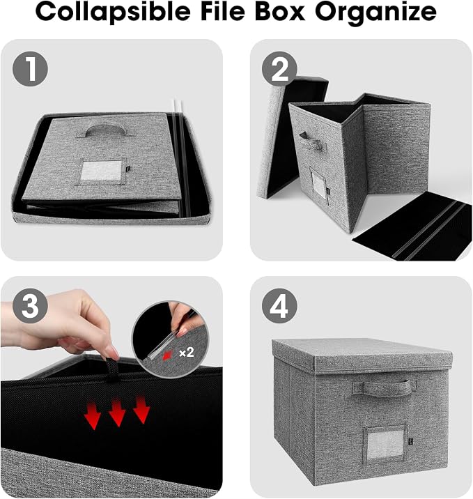 File Organizer Boxes with Lid, Linen Hanging File Storage Boxes with Handle, Collapsible Document Filling Boxes for Letter/Legal Folder, Portable File Box for Office/Decor/Home (4 Pack, Gery)