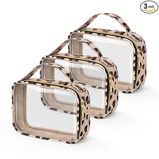 Wedama TSA Approved Toiletry Bag, 3 Pack Clear Makeup Bags with Handles, Quart Size PVC Clear Cosmetic Bags for Women and Men, Carry on Airport Airline Compliant Bag, Leopard Print