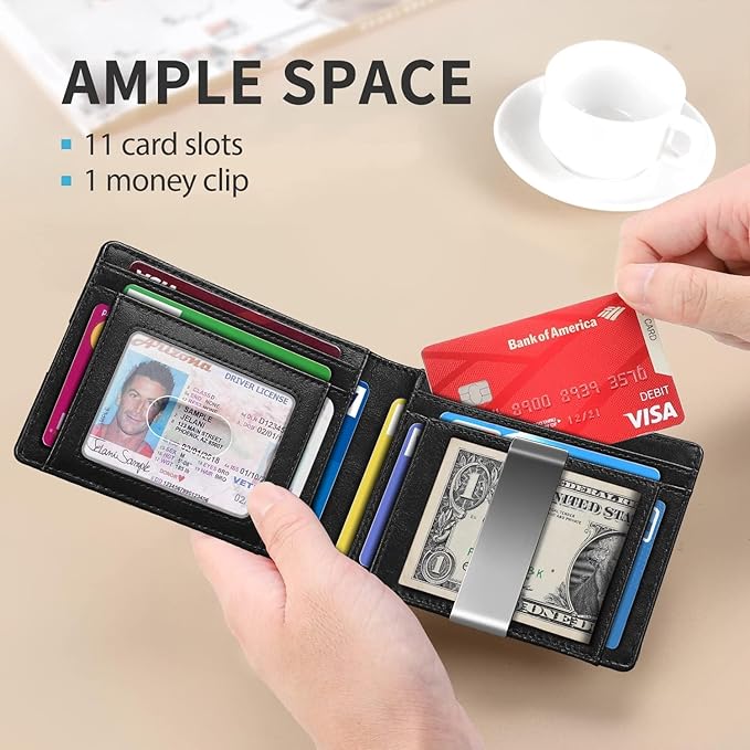 RUNBOX Slim Money Clip Wallets for Men RFID Blocking 11 Card Holder Minimalist Small Leather Bifold Men's Front Pocket Wallet Gift Box