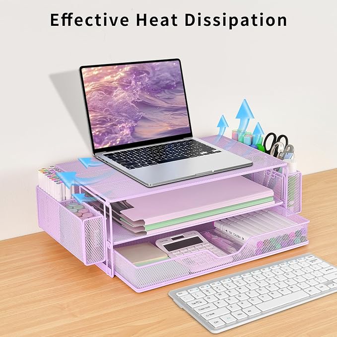 AUPSEN Computer Monitor Stands Riserï¼?-Tier Desk Organizers and Accessories, Office Desk Accessories Organizer with Drawers and 2 Pen Holder for Office Supplies (Purple)