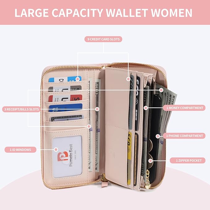 Pomelo Best Womens Wallet RFID Blocking Leather Multi Credit Card Large Capacity Wristlet Zip Around Long Wallets for Lady