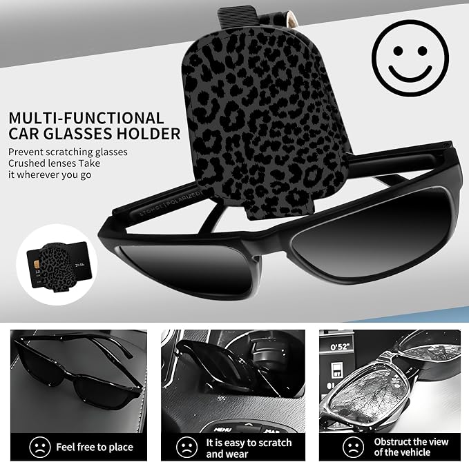 Leather Magnetic Sunglass Holder for Car Sun Visor, Cute Eyeglass Ticket Card Hanger Clip, Universal Auto Interior Accessories for SUV Pickup Truck Black Leopard Print