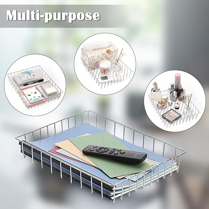BTSKY Multipurpose A4 File Tray Wire Desk Tray Organizer Elegant Letter Size Desk Documents Tray Magazine Files Storage Basket Organizer Bin for Office Cosmetics Bathroom (Silver)